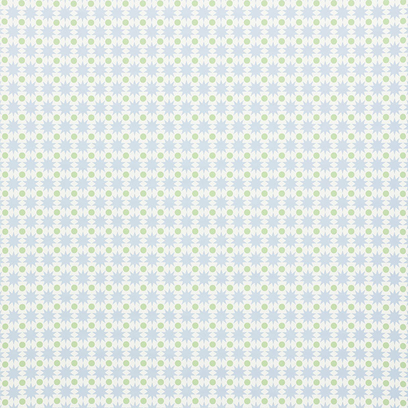 Pastel floral fabric pattern with small white flowers on a light blue background.