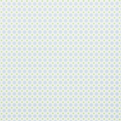Pastel floral fabric pattern with small white flowers on a light blue background.