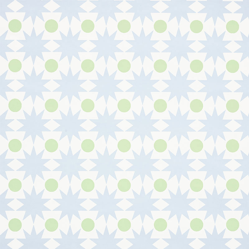 Patterned wallpaper featuring light blue starbursts and mint-green circles on white background.
