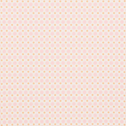 Soft peach gradient background with a narrow bottom border of tiny pink cosmos blossoms.