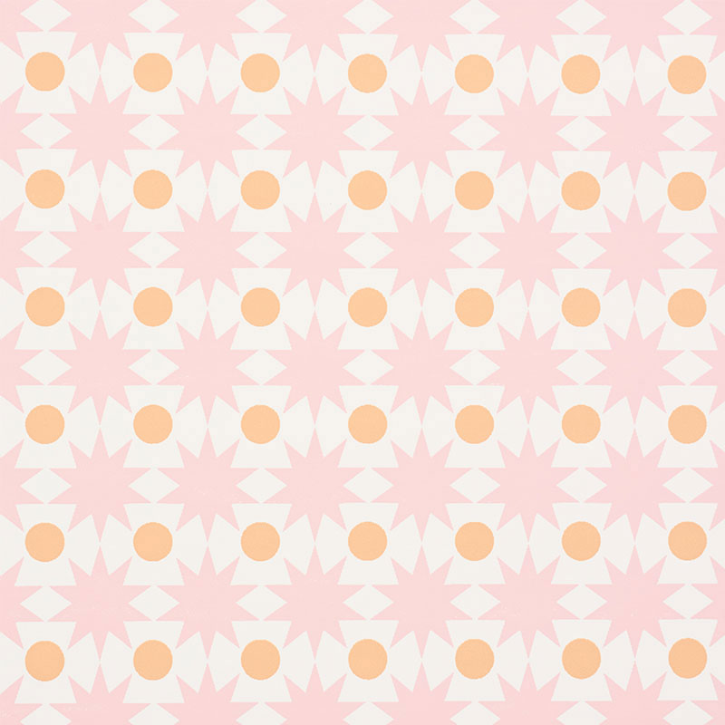 Repeating geometric pattern of soft pink starbursts and peach circles, retro textile/wallpaper design.