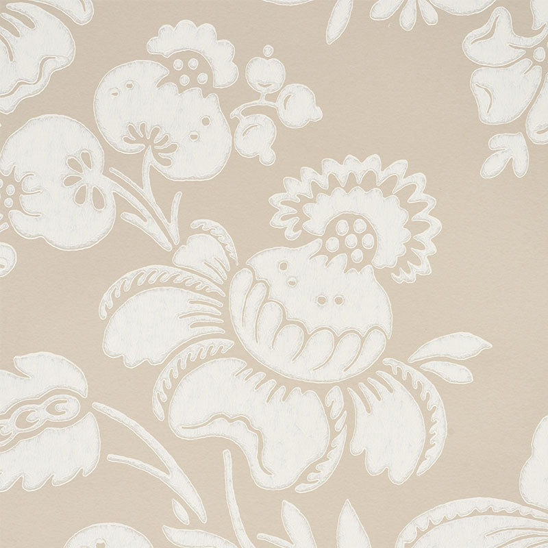 Beige wallpaper with ornate white damask floral pattern and scrolling leaves.