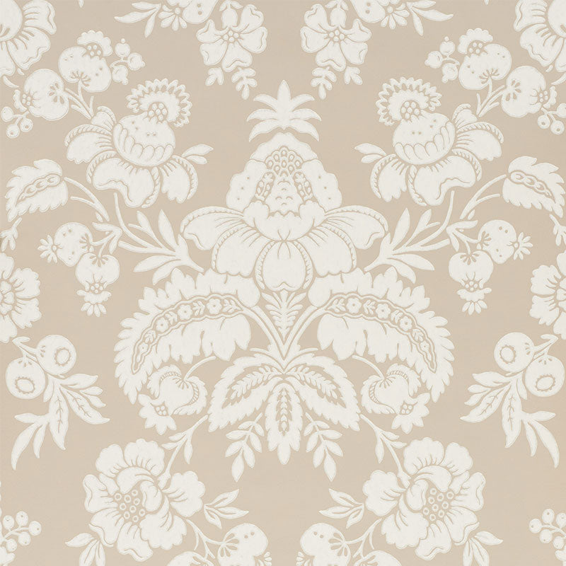 Beige damask wallpaper with white ornate floral pattern in a symmetrical, classic motif.