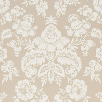 Beige damask wallpaper with white ornate floral pattern in a symmetrical, classic motif.