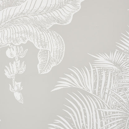 Light gray wallpaper with white tropical palm leaf pattern, decorative botanical wall covering.