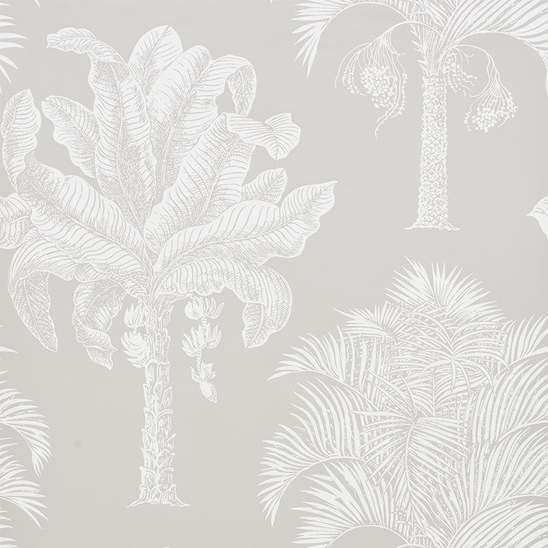 Gray wallpaper with white tropical palm trees and large leafy plants in a botanical pattern.