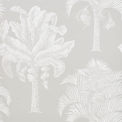Gray wallpaper with white tropical palm trees and large leafy plants in a botanical pattern.