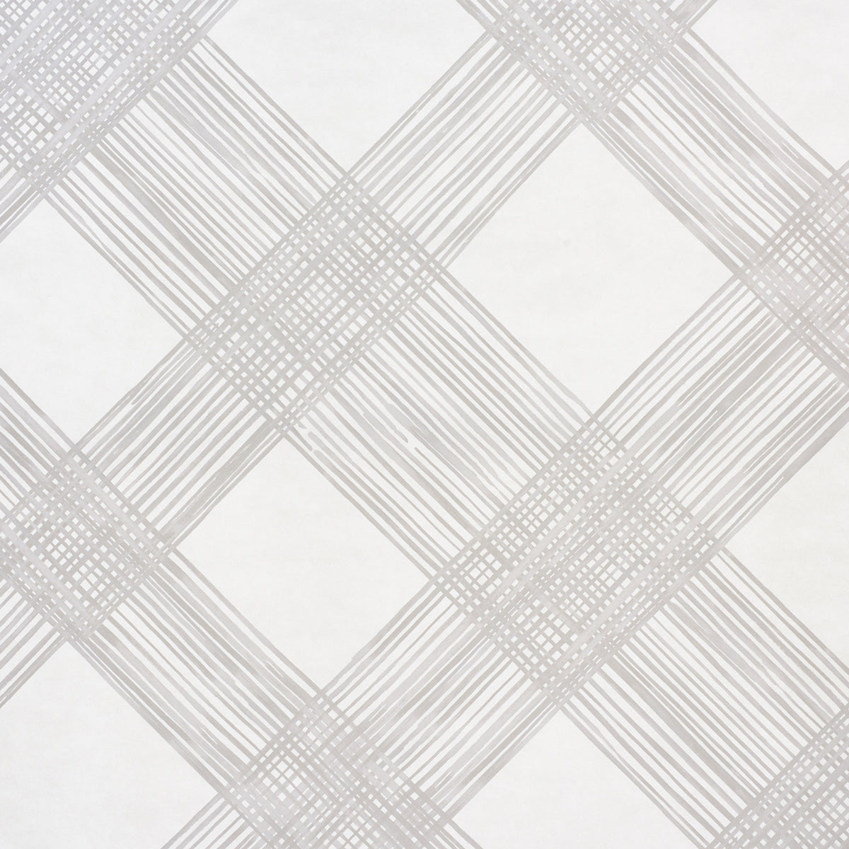 Soft light gray plaid pattern on linen fabric with crisscrossing lines forming diamond shapes; ideal for wallpaper or upholstery.