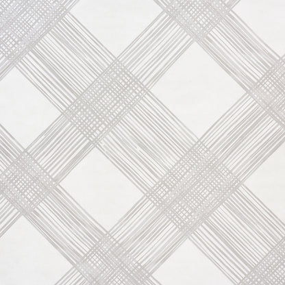 Soft light gray plaid pattern on linen fabric with crisscrossing lines forming diamond shapes; ideal for wallpaper or upholstery.