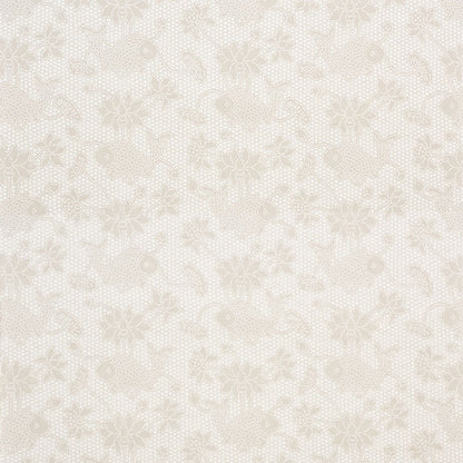 Beige floral lace fabric pattern with delicate crochet texture; vintage-inspired textile for apparel or home decor