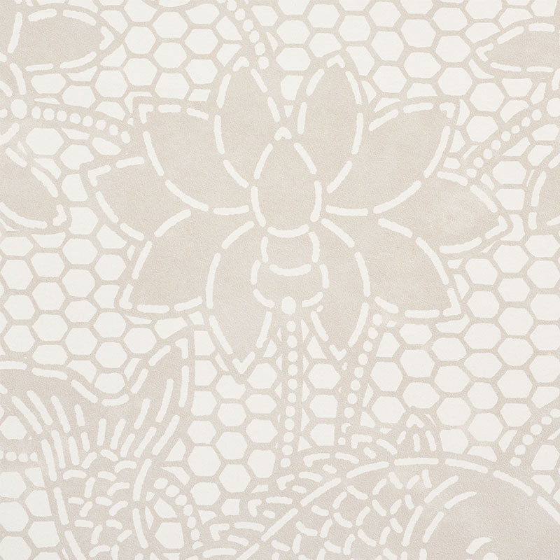 Beige lace & floral pattern with a large blossom over a hex/net background, ivory-cream textile style.