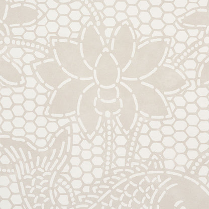 Beige lace & floral pattern with a large blossom over a hex/net background, ivory-cream textile style.