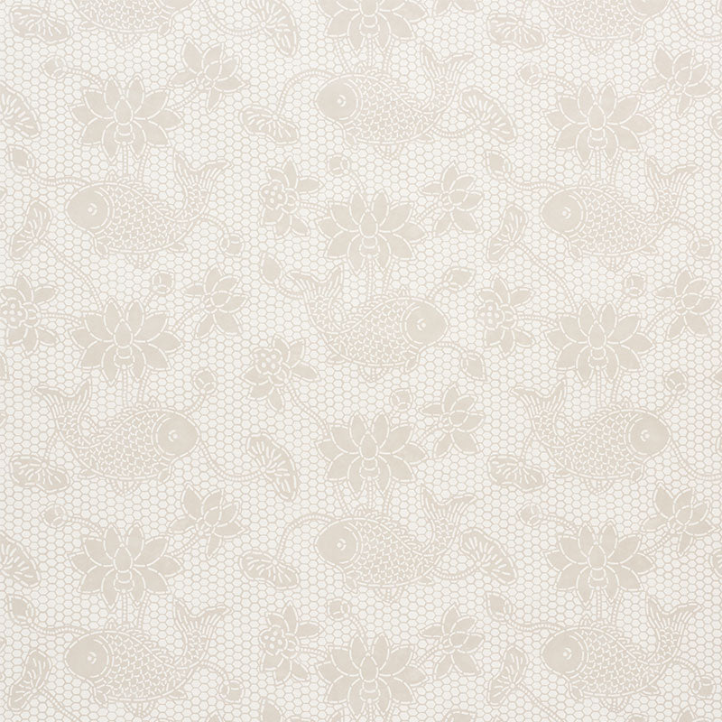Beige lace pattern with koi fish and flowers; delicate repeating textile/wallpaper design.