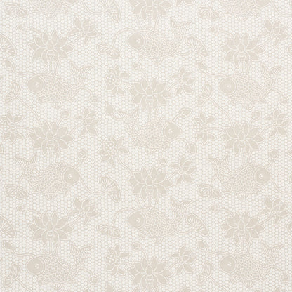 Beige lace pattern with koi fish and flowers; delicate repeating textile/wallpaper design.