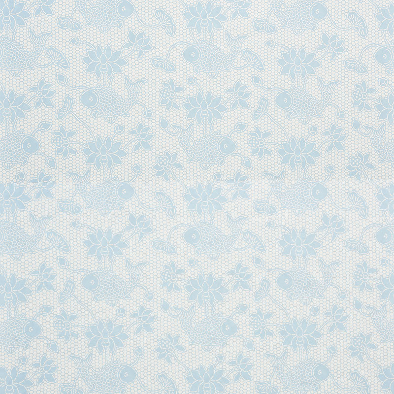 Pale blue floral lace pattern on white background; delicate fabric texture, vintage style, ideal for textiles or wallpaper.