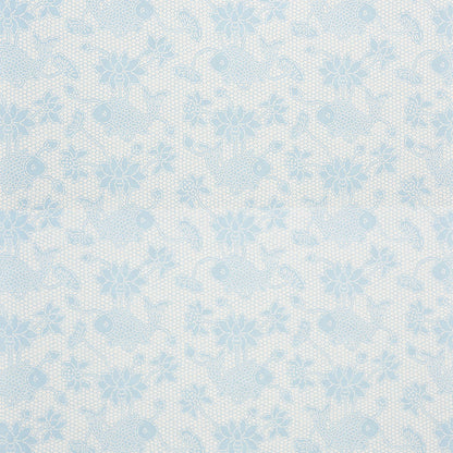 Pale blue floral lace pattern on white background; delicate fabric texture, vintage style, ideal for textiles or wallpaper.