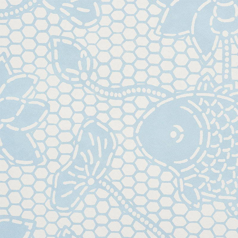 Pale blue lace fabric with floral motifs and hexagonal mesh; delicate vintage-style textile for garments or home decor.