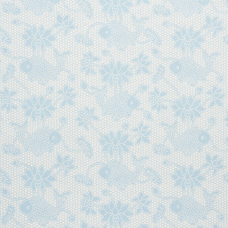 Light blue koi fish and floral lace pattern on cream background; delicate decorative textile design.