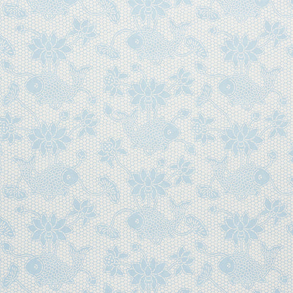 Light blue koi fish and floral lace pattern on cream background; delicate decorative textile design.