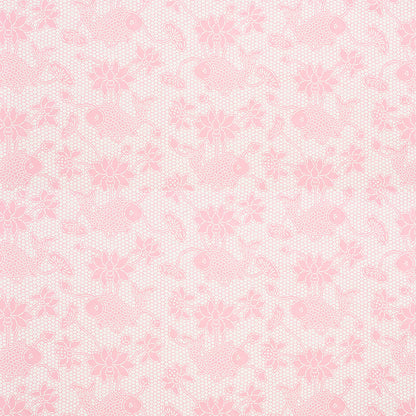 Soft pink lace-pattern fabric texture with floral motifs; delicate ornamental design for garments or wallpaper.