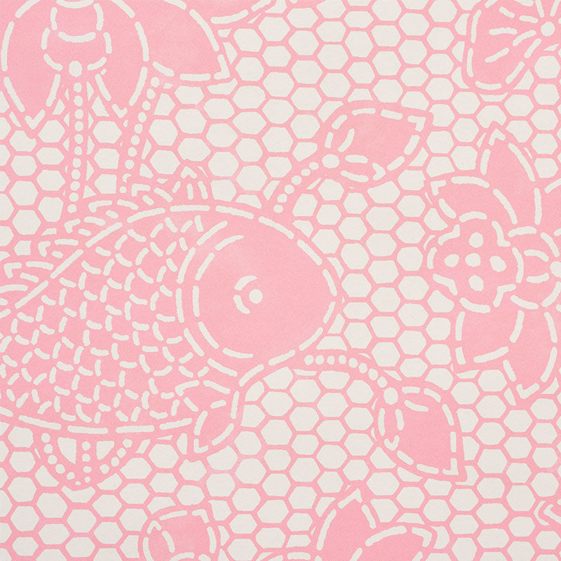 Pink lace fabric swatch with white floral motifs over a hexagonal honeycomb mesh pattern.