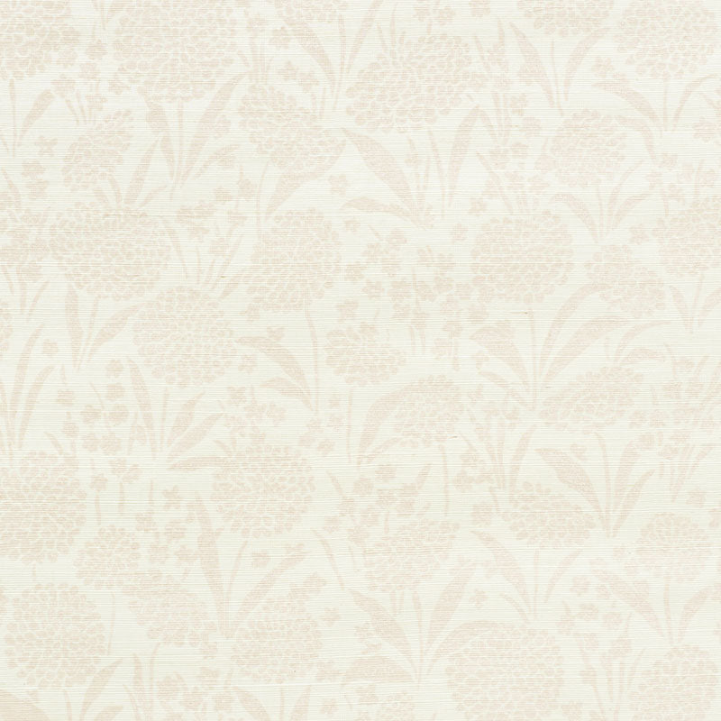 Cream wallpaper with a subtle beige floral damask pattern and soft, textured background.
