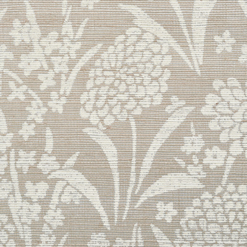 Beige jacquard fabric with cream floral damask pattern; textured woven textile for upholstery or drapery.