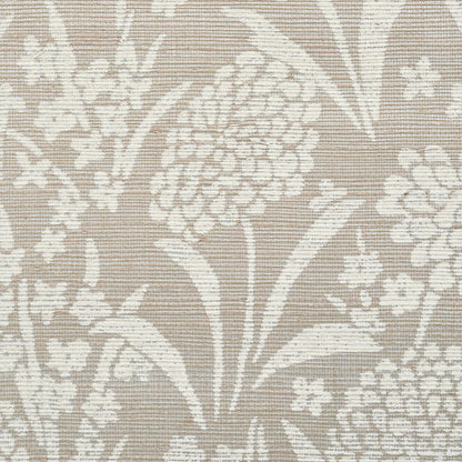 Beige jacquard fabric with cream floral damask pattern; textured woven textile for upholstery or drapery.