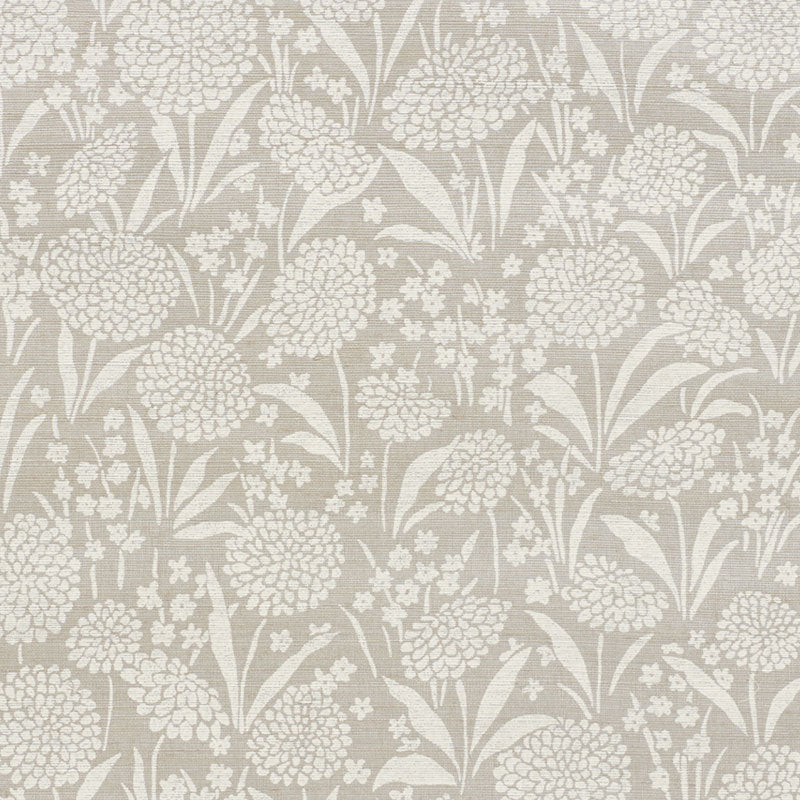 Beige wallpaper with white floral clusters and flowing stems; vintage botanical motif