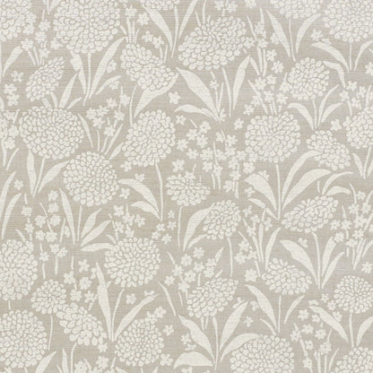 Beige wallpaper with white floral clusters and flowing stems; vintage botanical motif