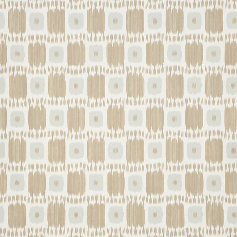 Neutral beige and taupe geometric fabric pattern with rounded squares and tiny dots, retro mid-century design.