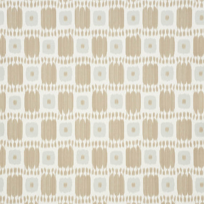 Neutral beige and taupe geometric fabric pattern with rounded squares and tiny dots, retro mid-century design.