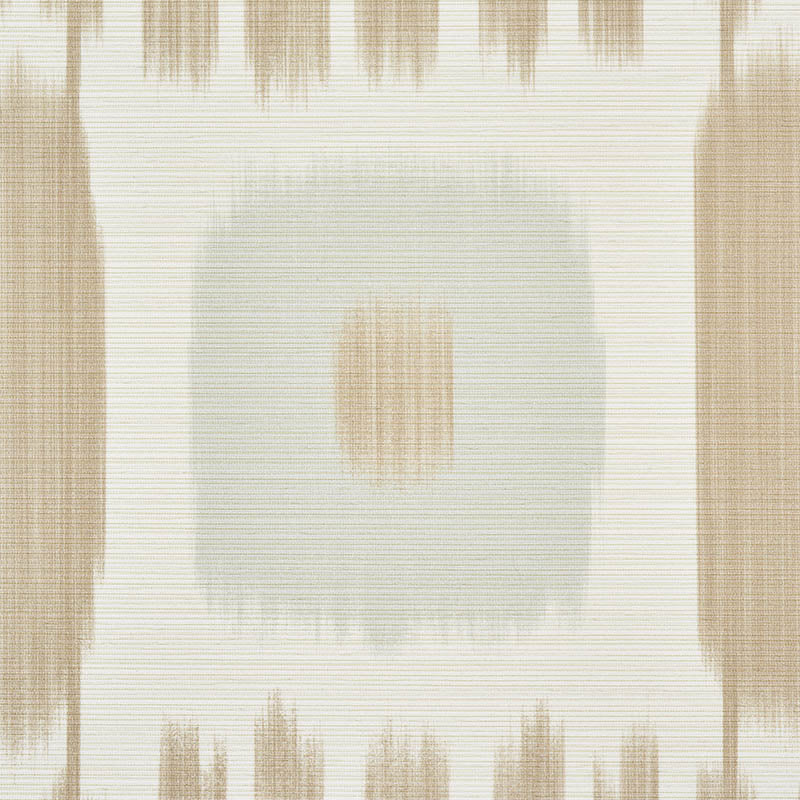 Geometric wallpaper in cream, beige and light gray; center pale gray square with a small tan vertical stripe.