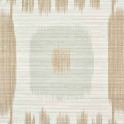 Geometric wallpaper in cream, beige and light gray; center pale gray square with a small tan vertical stripe.