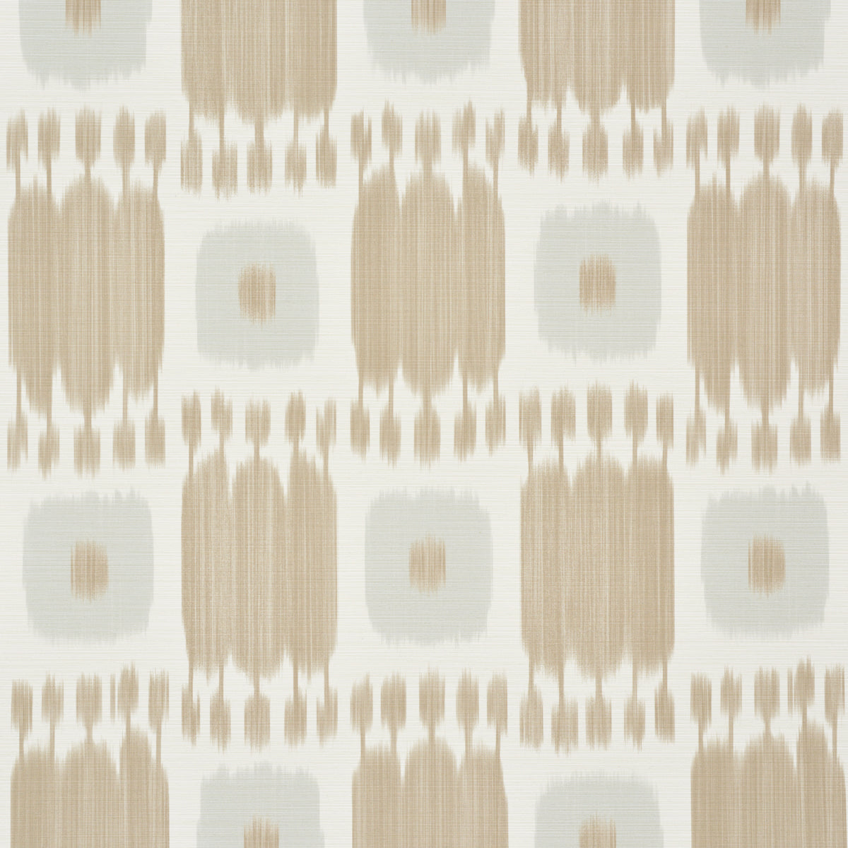 Ikat-inspired geometric fabric pattern in beige and taupe with light gray square motifs on white