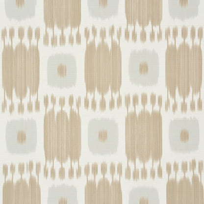 Ikat-inspired geometric fabric pattern in beige and taupe with light gray square motifs on white