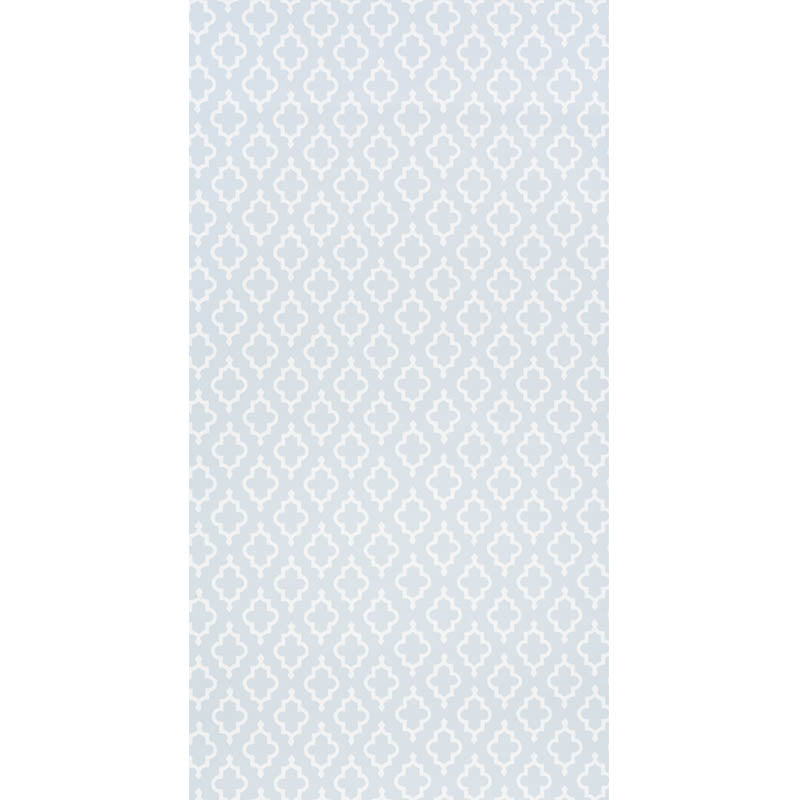 Soft blue wallpaper with white quatrefoil trellis motif, repeating geometric pattern for elegant wall decor