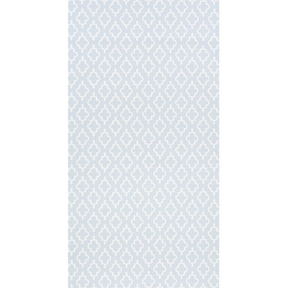 Soft blue wallpaper with white quatrefoil trellis motif, repeating geometric pattern for elegant wall decor