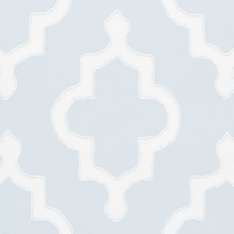 Soft blue wallpaper with a white raised quatrefoil damask pattern, repeating decorative motif.
