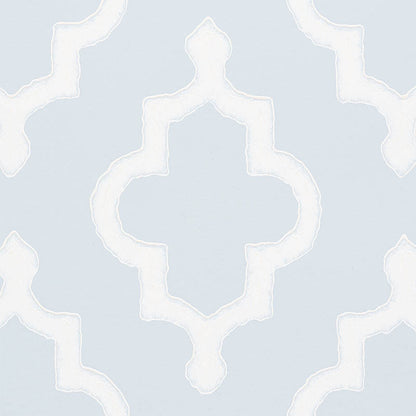 Soft blue wallpaper with a white raised quatrefoil damask pattern, repeating decorative motif.