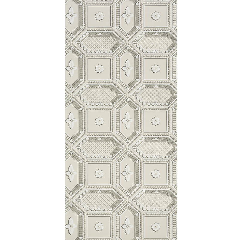 Beige cream geometric wallpaper with interlocking square and octagon tiles, textured borders and subtle floral centers.