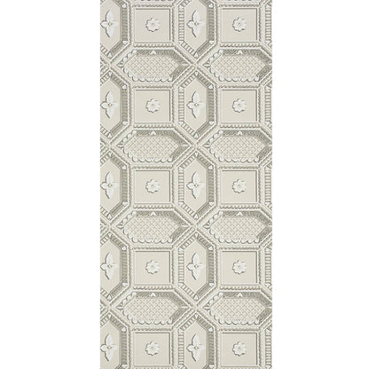 Beige cream geometric wallpaper with interlocking square and octagon tiles, textured borders and subtle floral centers.