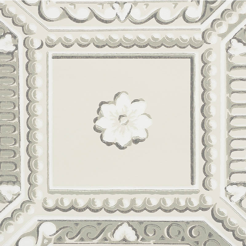 Beige-gray stone-look trompe l'oeil wallcovering with a central square panel featuring a delicate floral motif and a scrolling border design.