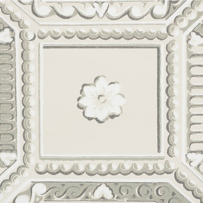 Beige-gray stone-look trompe l'oeil wallcovering with a central square panel featuring a delicate floral motif and a scrolling border design.