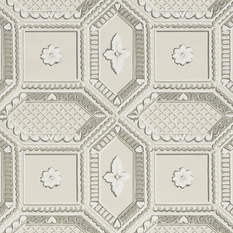 Cream-toned trompe l'oeil stone wallpaper with embossed texture and plaster-like finish.