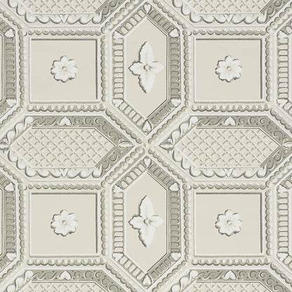 Cream-toned trompe l'oeil stone wallpaper with embossed texture and plaster-like finish.