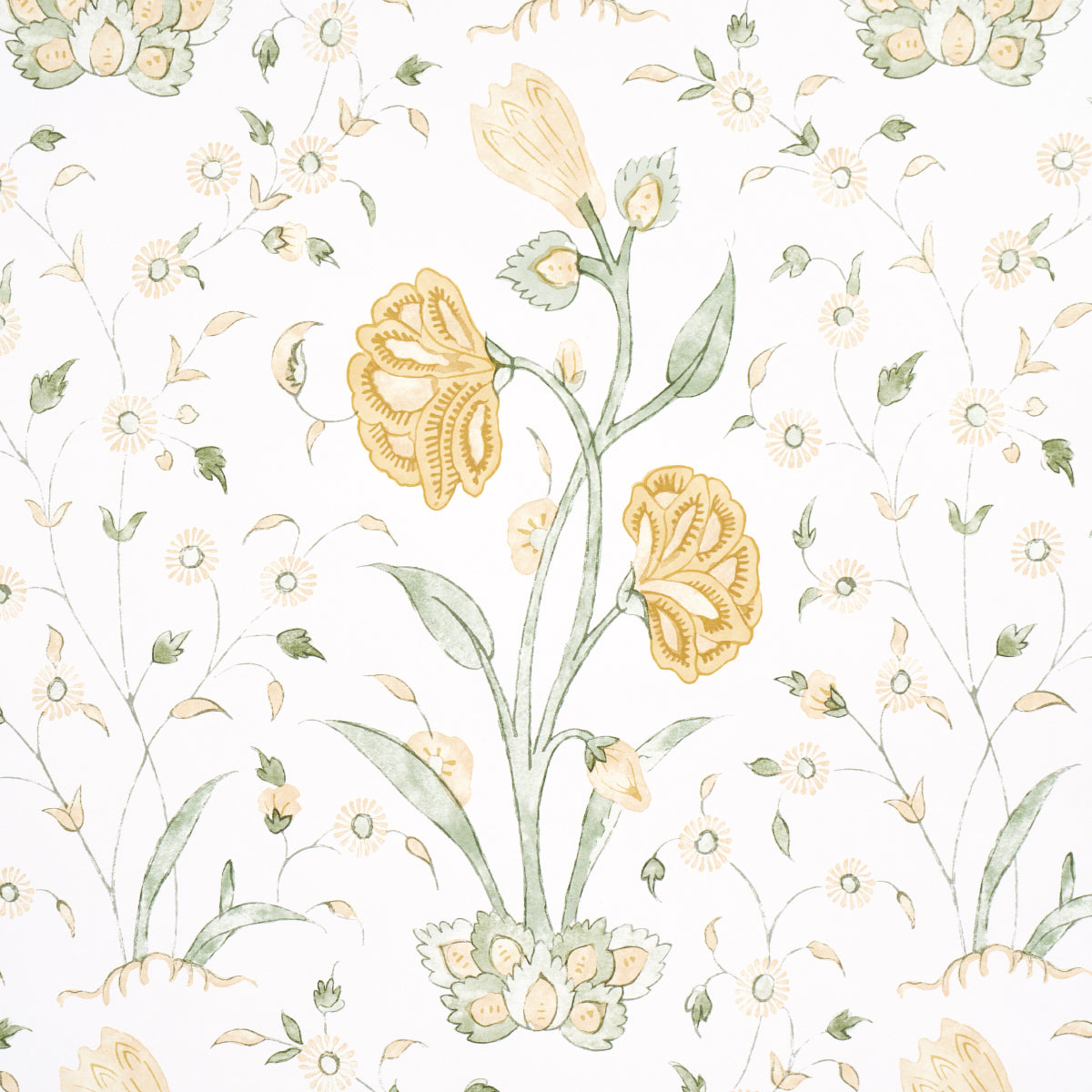Khilana Floral Marigold 5009954 wallpaper showing large stylized floral pattern in warm marigold tones — ideal for bold feature walls and elegant home interiors