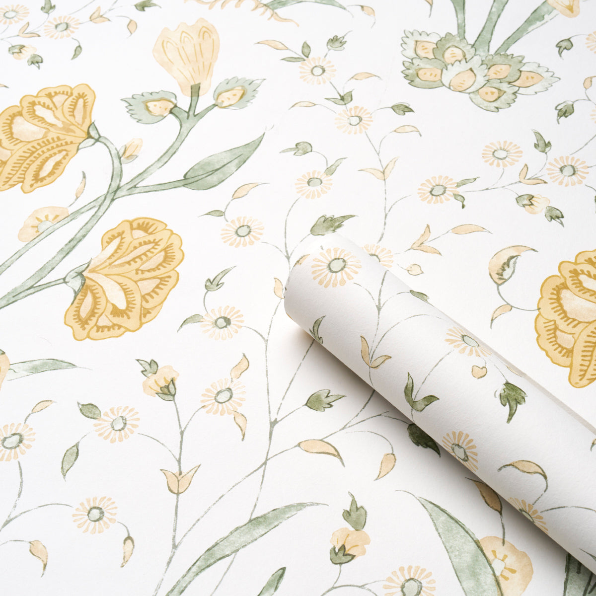 Khilana Floral Marigold 5009954 wallpaper showing large stylized floral pattern in warm marigold tones — ideal for bold feature walls and elegant home interiors