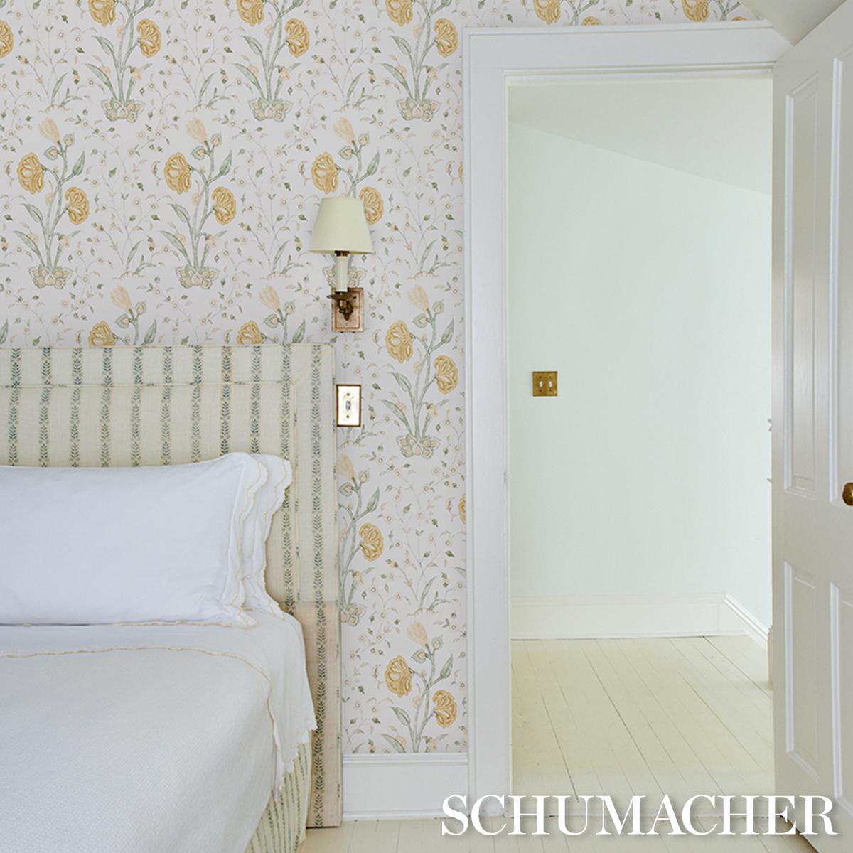 Khilana Floral Marigold 5009954 wallpaper showing large stylized floral pattern in warm marigold tones — ideal for bold feature walls and elegant home interiors