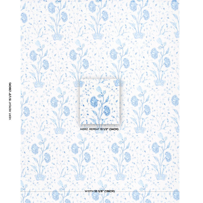 Blue floral wallpaper with pale blue blossoms and vines, a classic botanical print for walls.